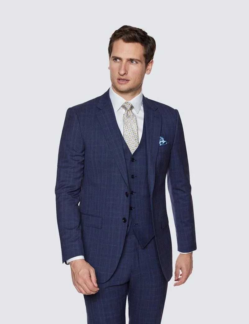 Slim Fit Navy Prince of Wales Tonal Check Waistcoat thumbnail 5