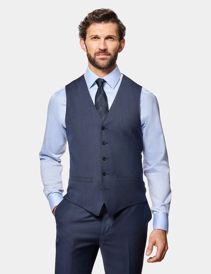Slim Fit Navy Sharkskin Waistcoat thumbnail 2