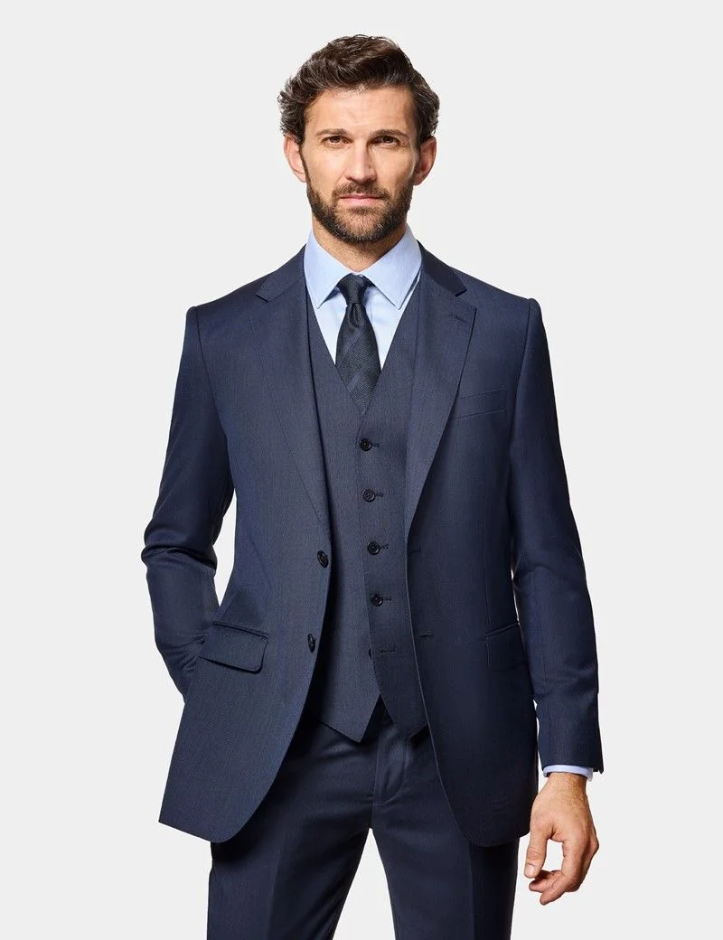 Slim Fit Navy Sharkskin Waistcoat thumbnail 5