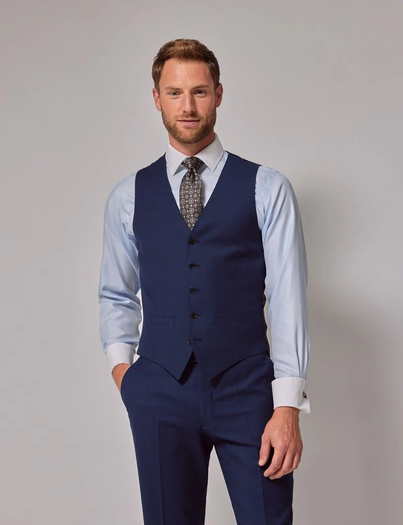 Slim Fit Royal Blue Birdseye Waistcoat thumbnail 2