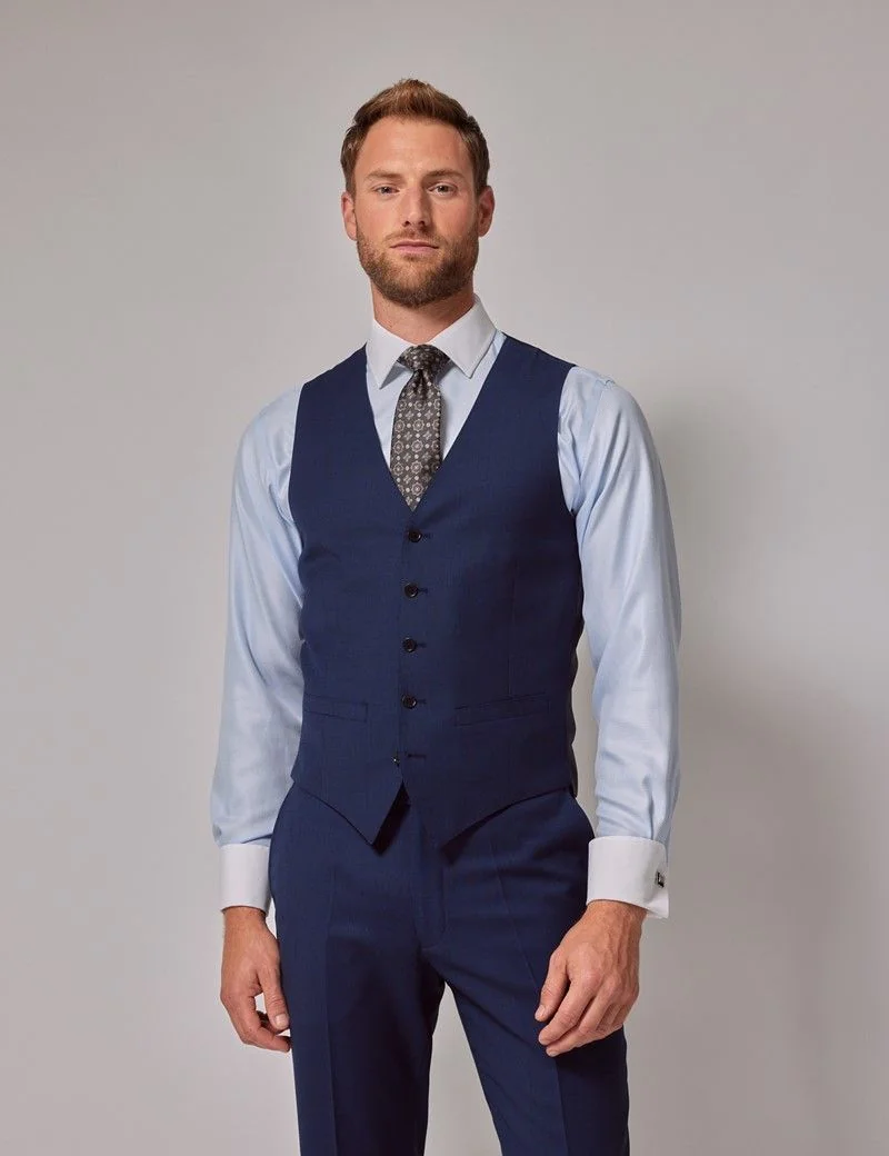 Slim Fit Royal Blue Birdseye Waistcoat thumbnail 5