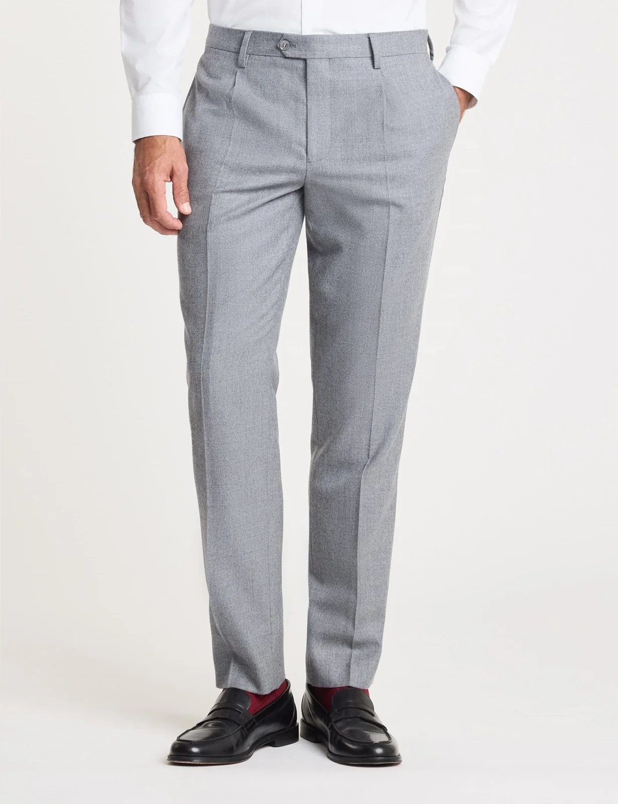 Slim Grey Pleated Pure Flannel Wool Trousers primary image