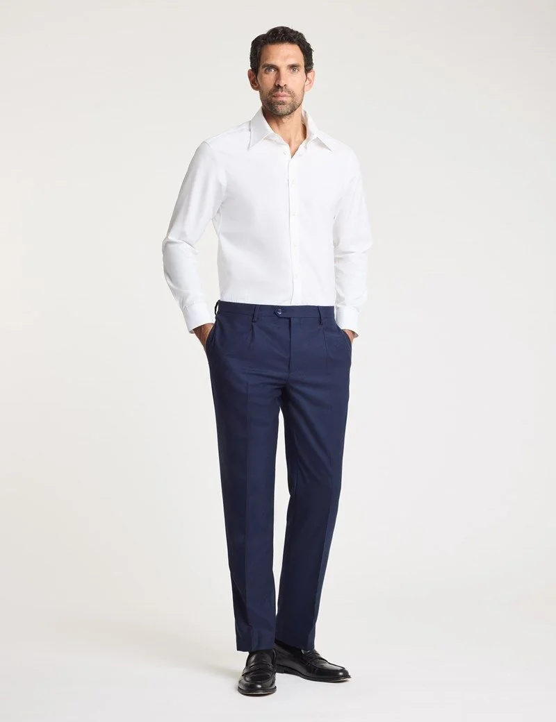 Slim Navy Pleated Pure Flannel Wool Trousers thumbnail 3