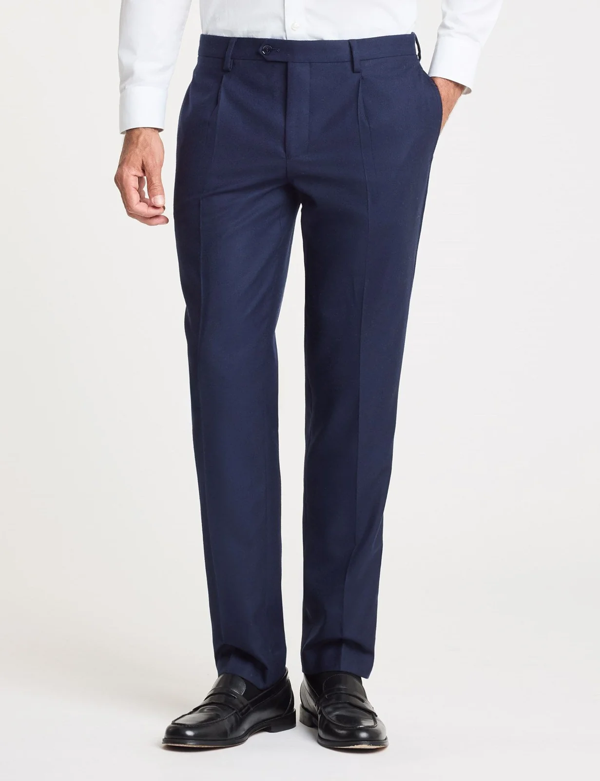 Slim Navy Pleated Pure Flannel Wool Trousers primary image