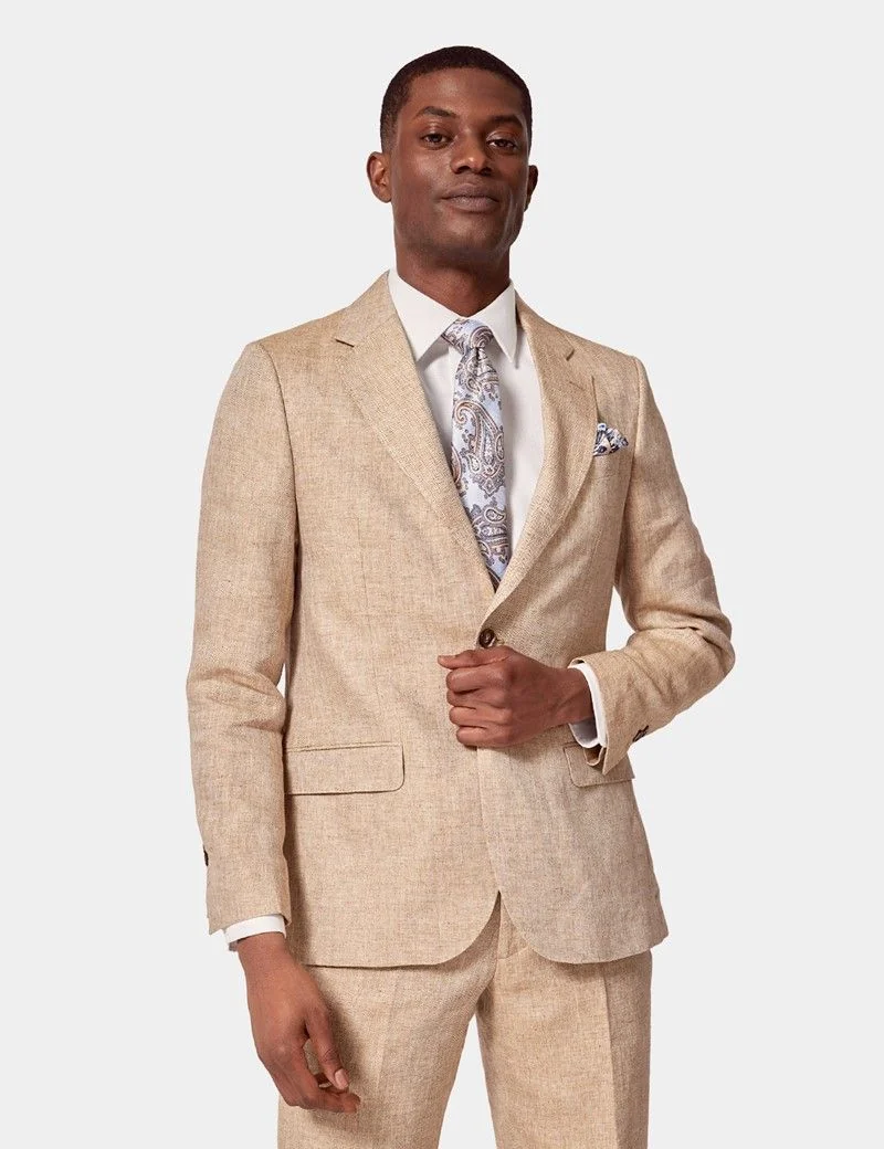 Tailored Fit Beige Herringbone 1913 Linen Suit Jacket thumbnail 2