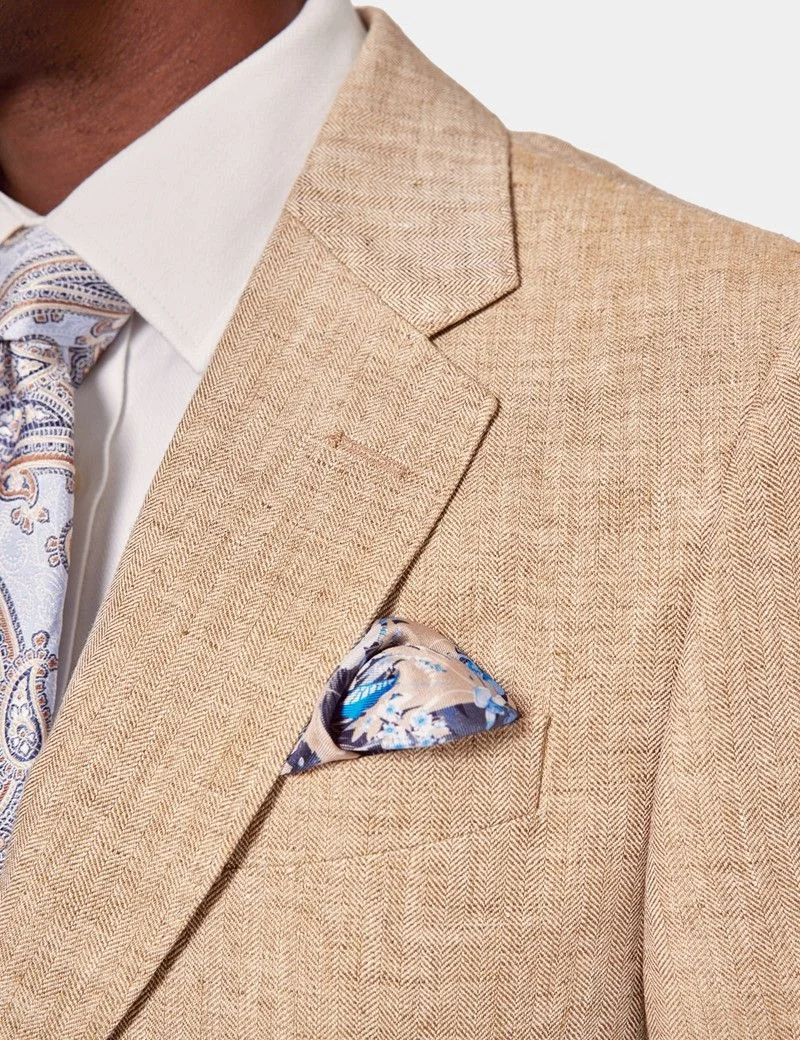 Tailored Fit Beige Herringbone 1913 Linen Suit Jacket thumbnail 3