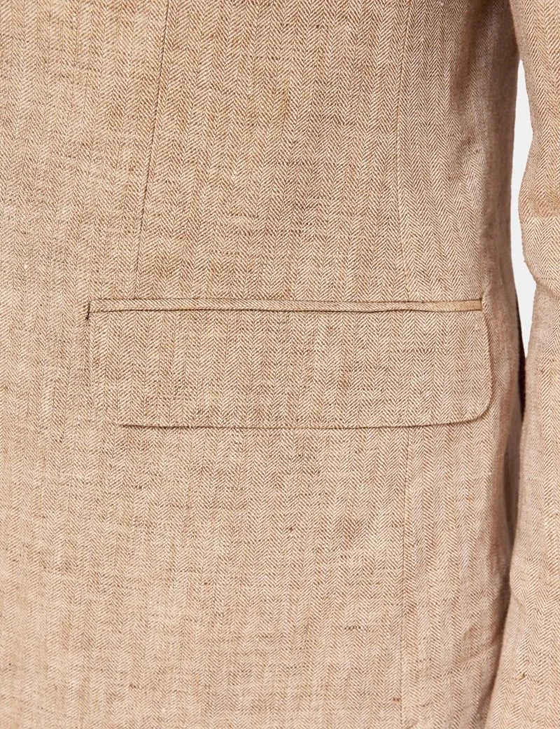 Tailored Fit Beige Herringbone 1913 Linen Suit Jacket thumbnail 4