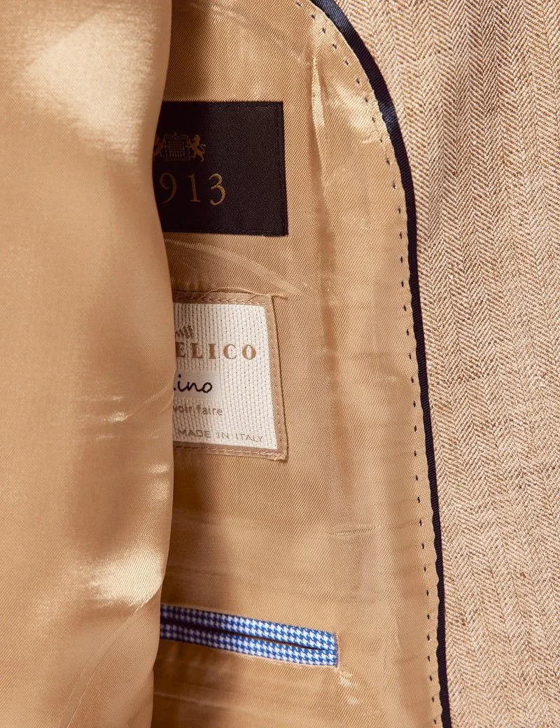 Tailored Fit Beige Herringbone 1913 Linen Suit Jacket thumbnail 5