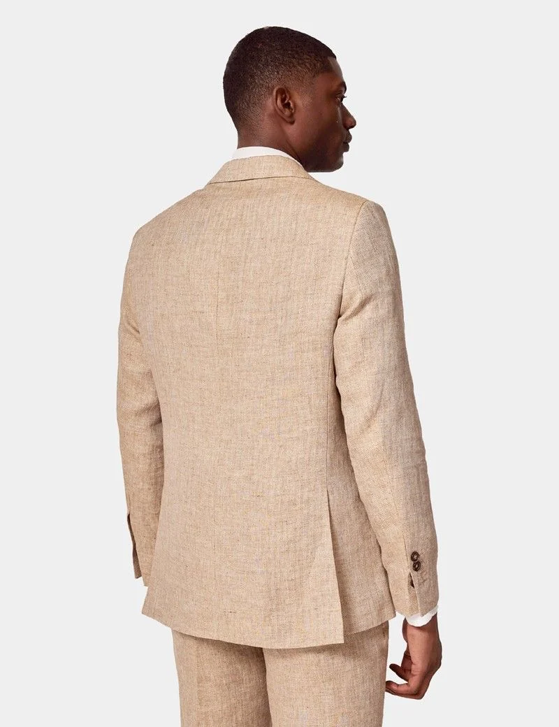 Tailored Fit Beige Herringbone 1913 Linen Suit Jacket thumbnail 6