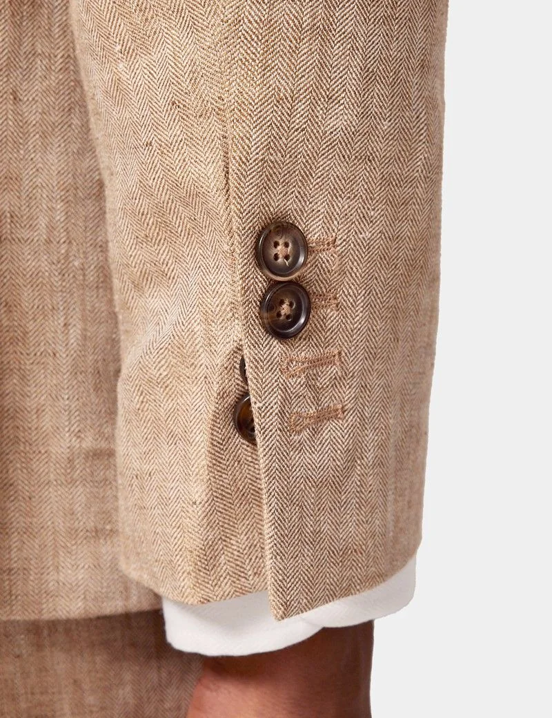 Tailored Fit Beige Herringbone 1913 Linen Suit Jacket thumbnail 7