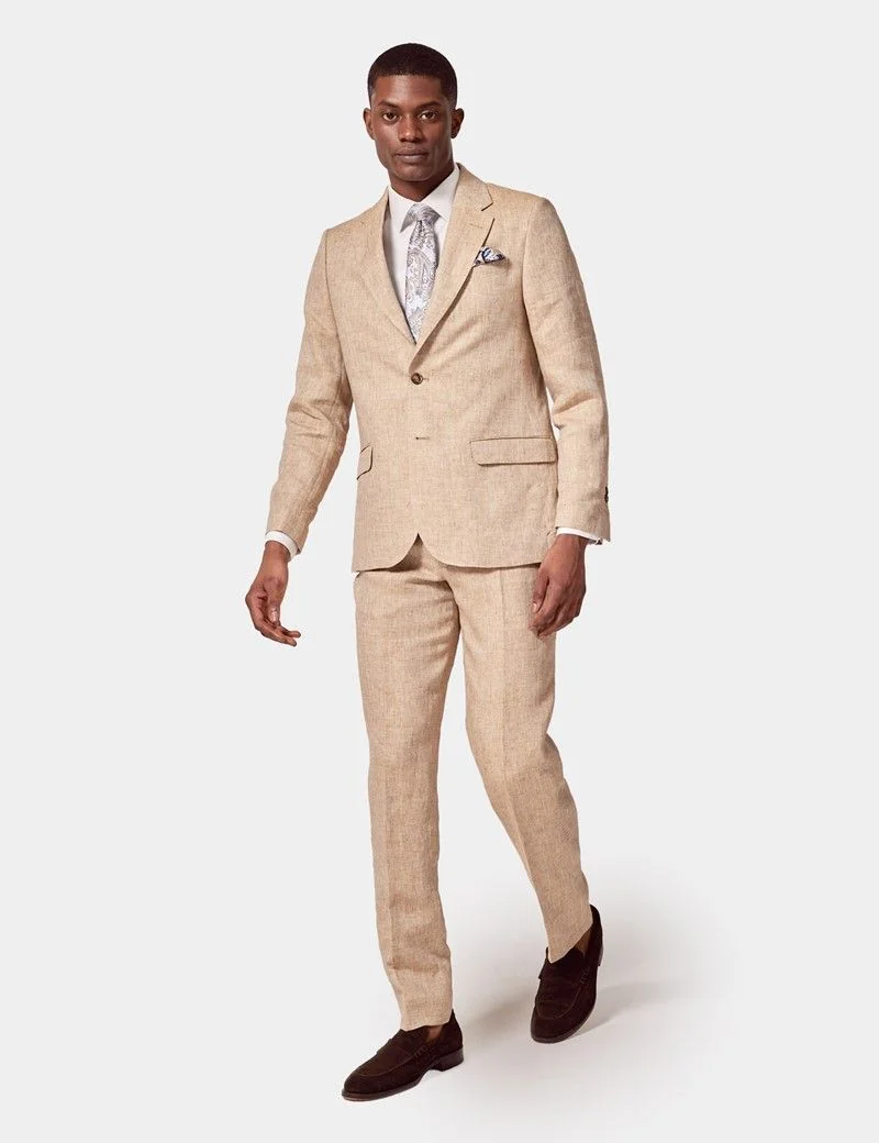 Tailored Fit Beige Herringbone 1913 Linen Suit Jacket thumbnail 8