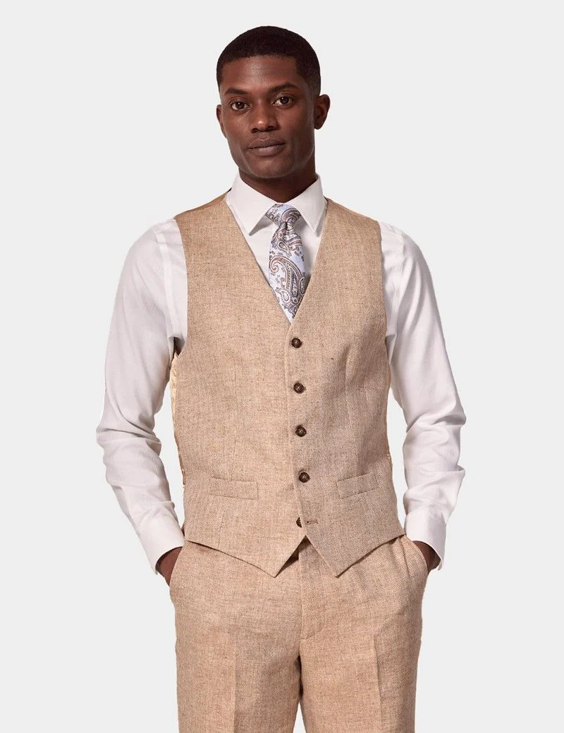 Tailored Fit Beige Herringbone 1913 Linen Waistcoat thumbnail 2