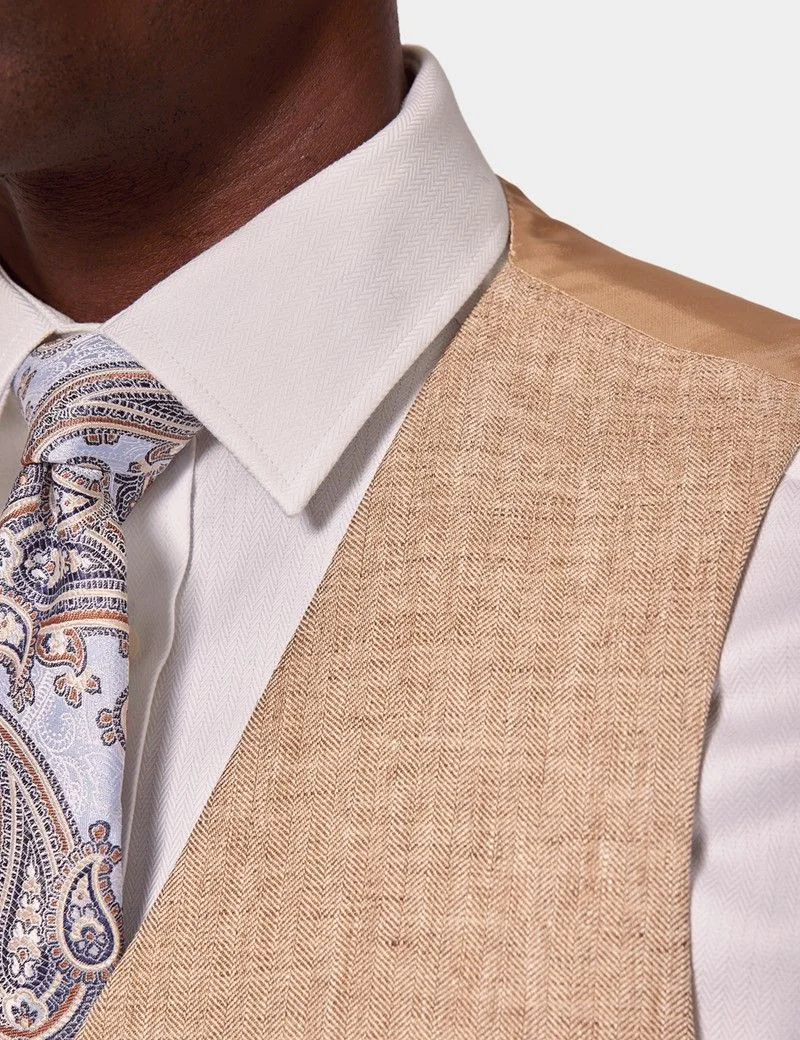 Tailored Fit Beige Herringbone 1913 Linen Waistcoat thumbnail 3
