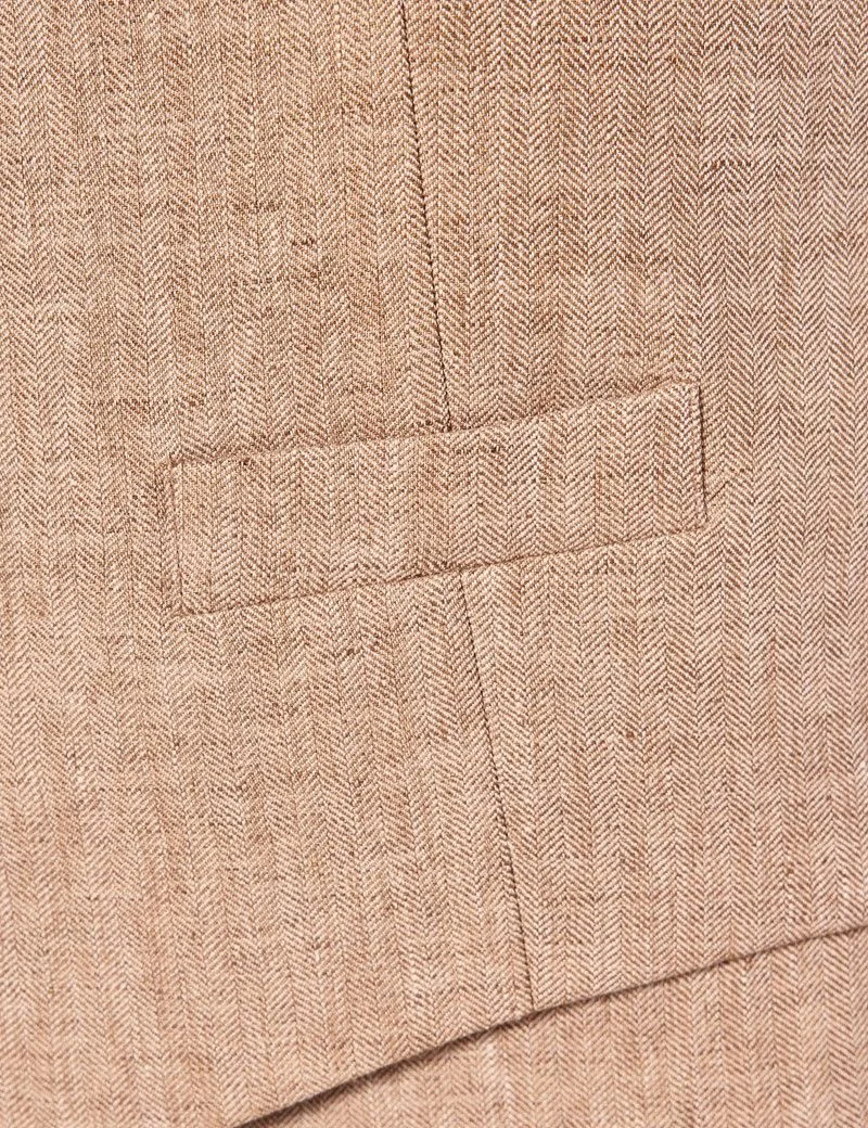 Tailored Fit Beige Herringbone 1913 Linen Waistcoat thumbnail 4