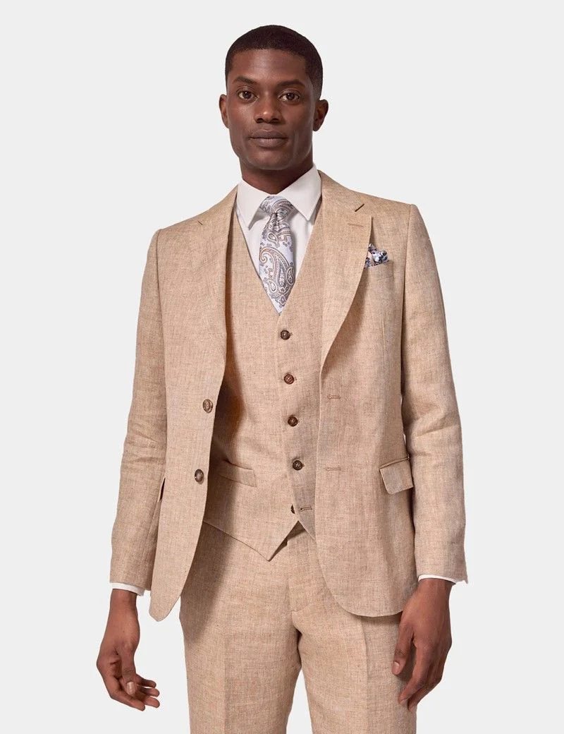 Tailored Fit Beige Herringbone 1913 Linen Waistcoat thumbnail 5