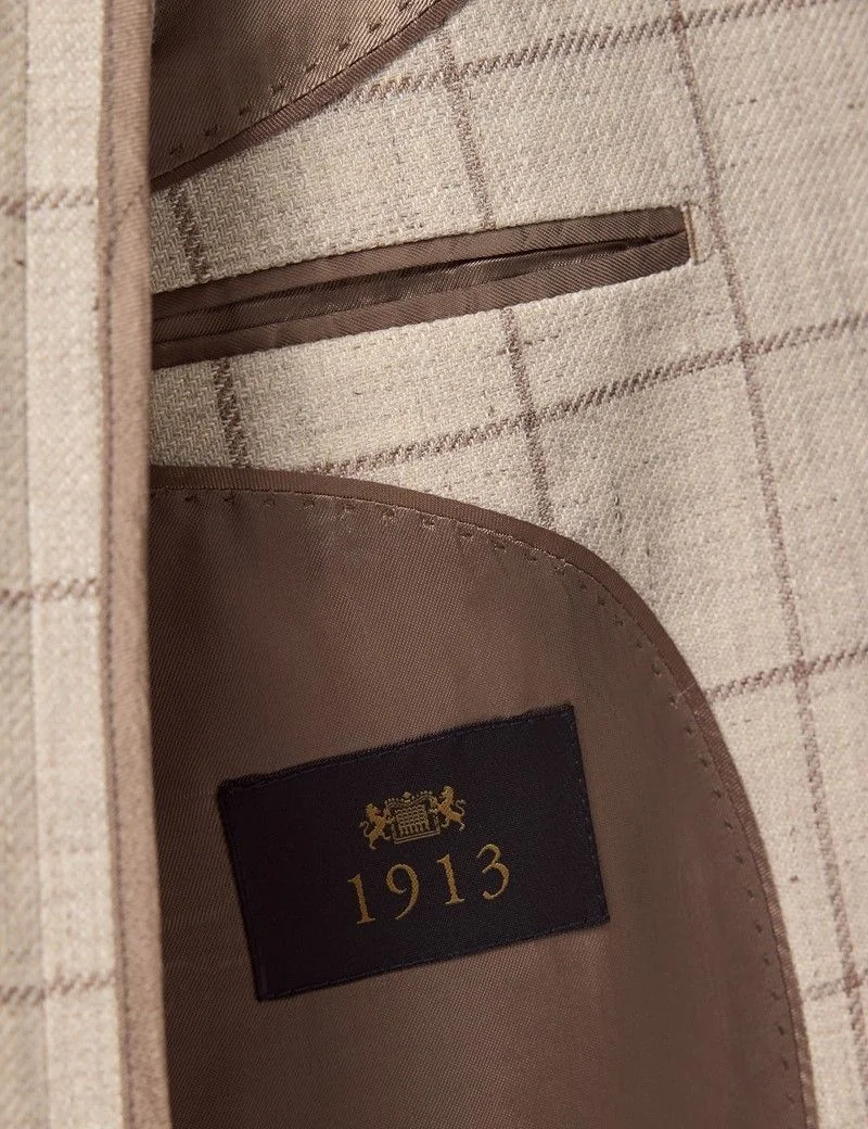 Tailored Fit Beige Windowpane Check Linen-Wool Blend 1913 Blazer thumbnail 2