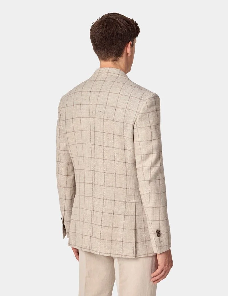 Tailored Fit Beige Windowpane Check Linen-Wool Blend 1913 Blazer thumbnail 3