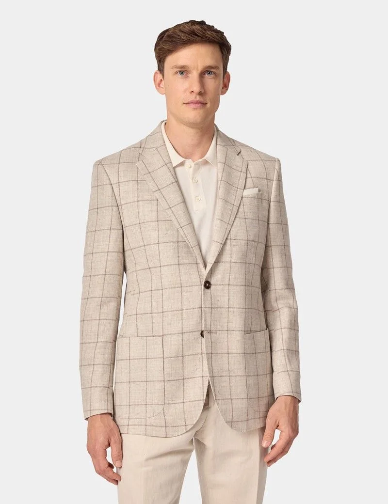 Tailored Fit Beige Windowpane Check Linen-Wool Blend 1913 Blazer thumbnail 7