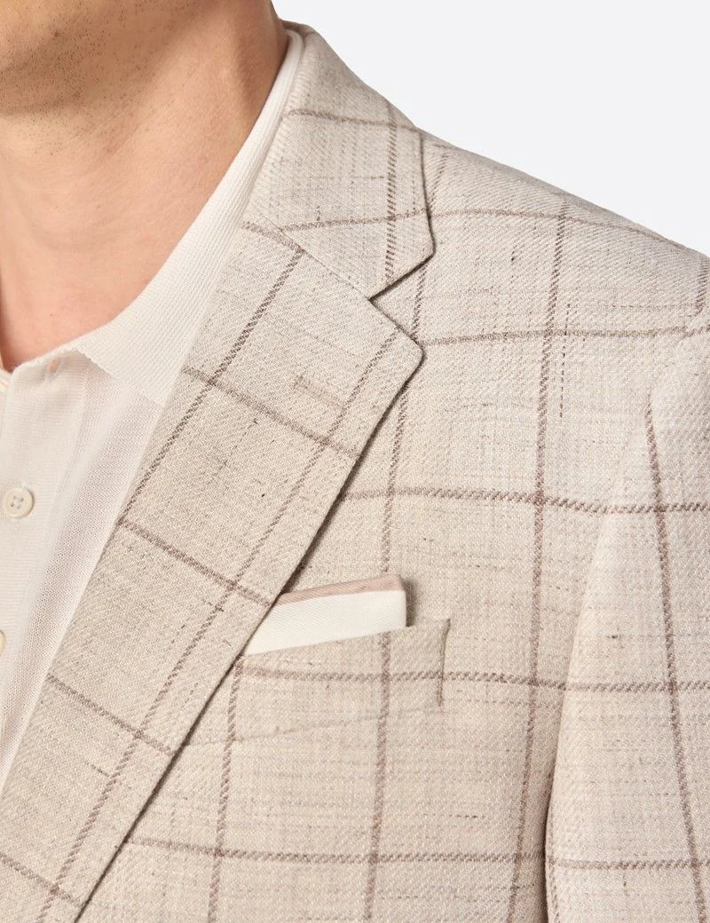 Tailored Fit Beige Windowpane Check Linen-Wool Blend 1913 Blazer thumbnail 8