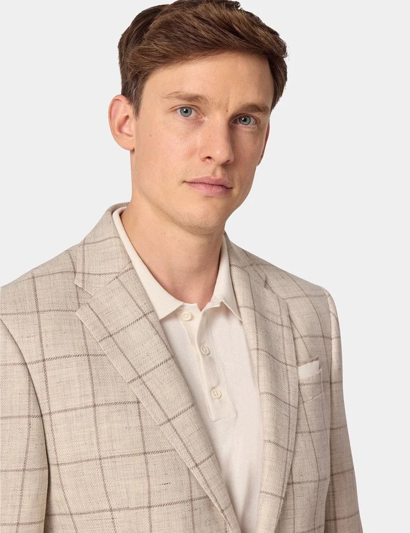 Tailored Fit Beige Windowpane Check Linen-Wool Blend 1913 Blazer thumbnail 9