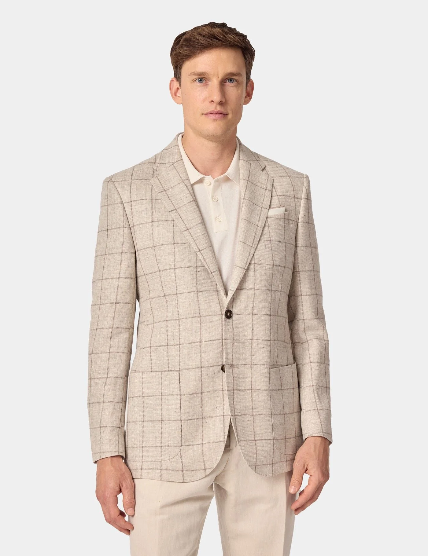 Tailored Fit Beige Windowpane Check Linen-Wool Blend 1913 Blazer primary image