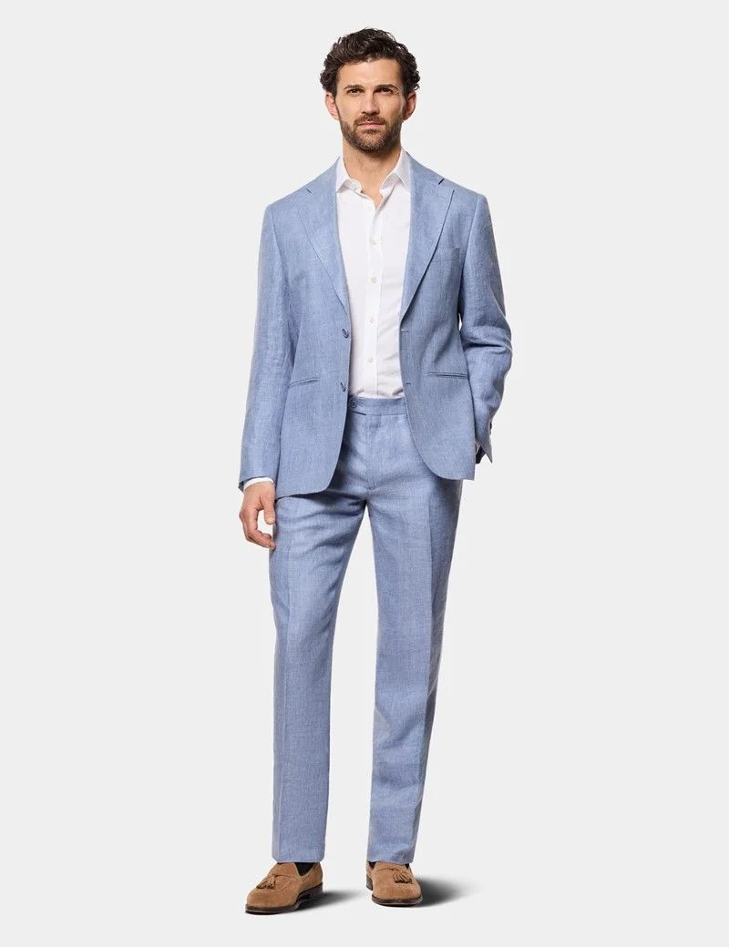 Tailored Fit Blue Linen Suit Trousers thumbnail 5