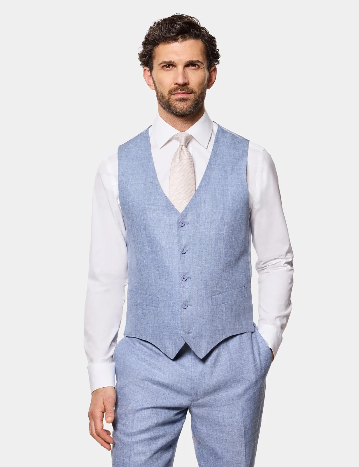Tailored Fit Blue Linen Waistcoat
