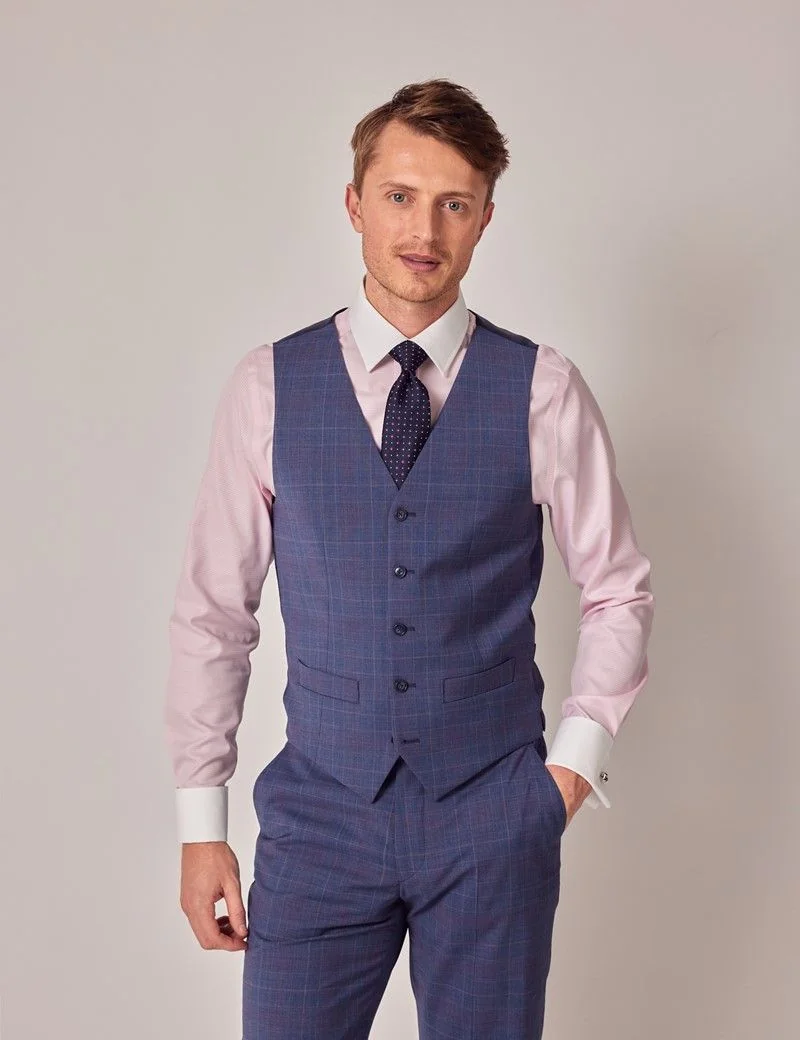 Tailored Fit Blue & Pink Contrast Prince Of Wales Check 1913 Waistcoat thumbnail 2