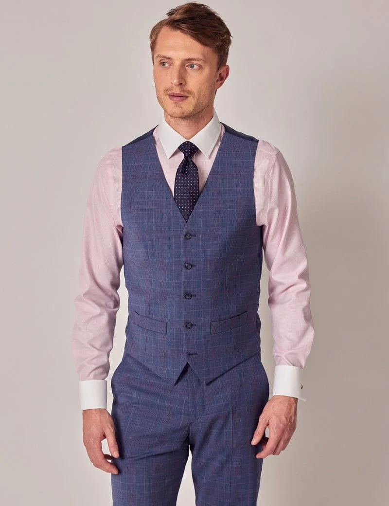Tailored Fit Blue & Pink Contrast Prince Of Wales Check 1913 Waistcoat thumbnail 6