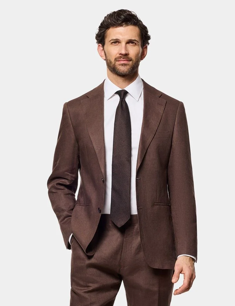 Tailored Fit Brown Linen Suit Jacket thumbnail 3