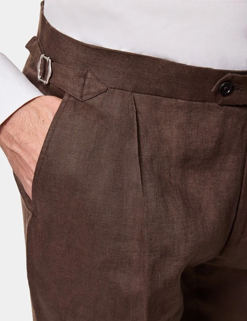 Tailored Fit Brown Linen Suit Trousers With Side Adjusters thumbnail 3