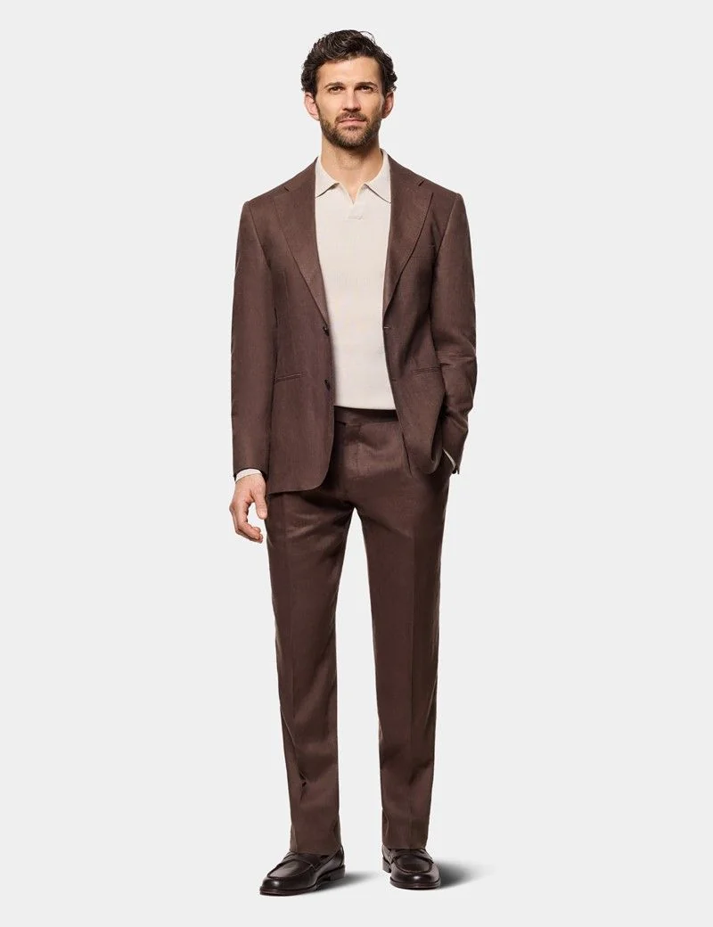 Tailored Fit Brown Linen Suit Trousers With Side Adjusters thumbnail 4