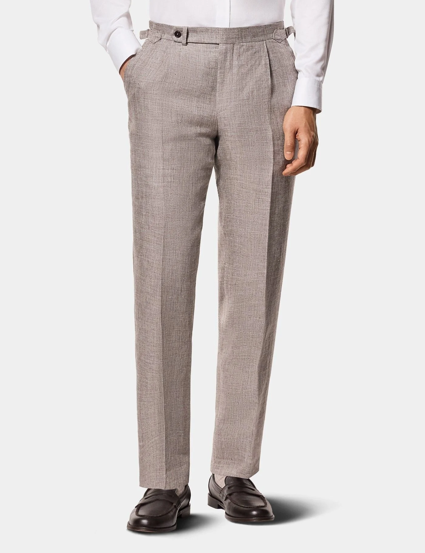 Tailored Fit Brown Melange 1913 Linen Pleated Suit Trousers With Side Adjusters primary image