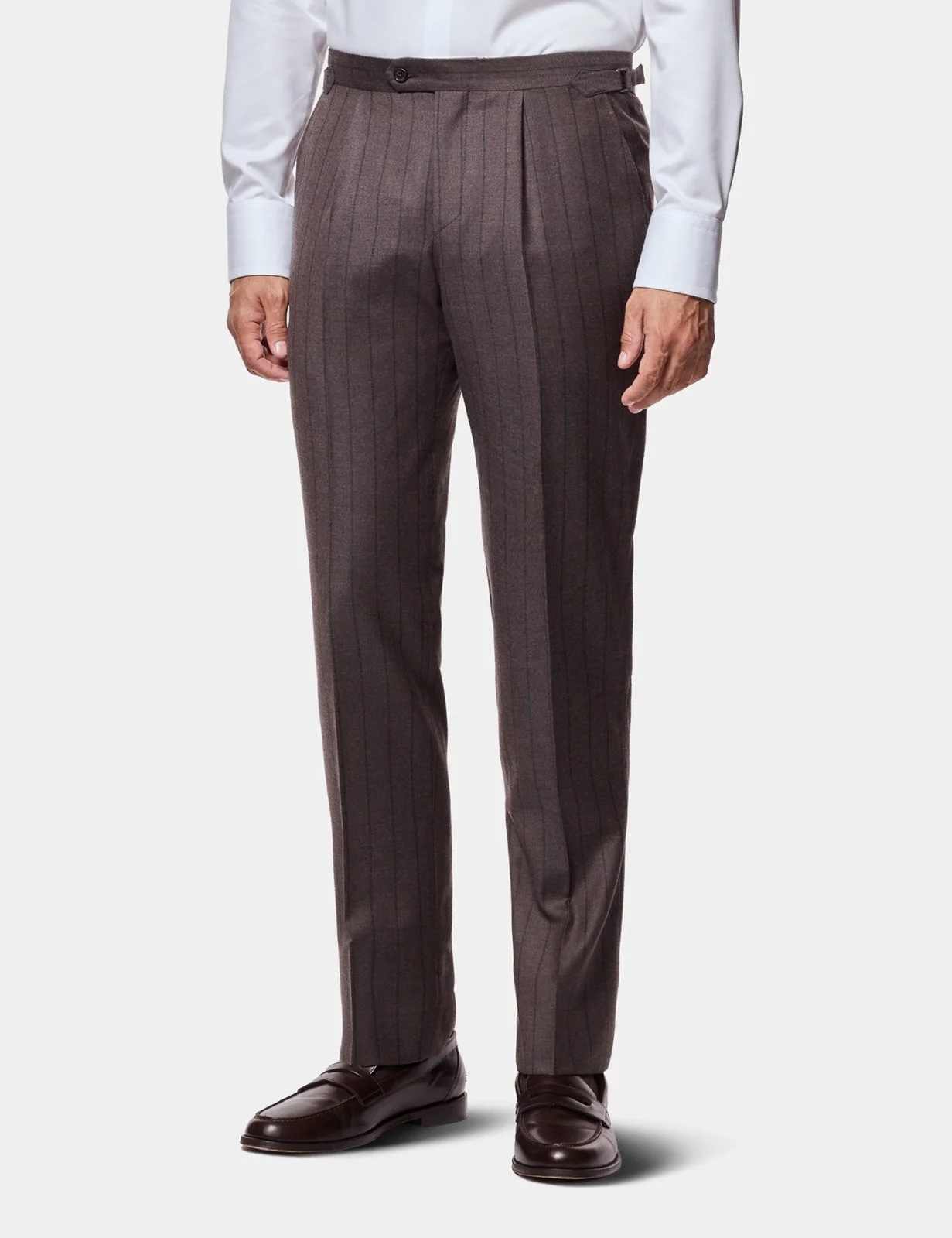 Tailored Fit Brown Stripe 1913 Pleated Suit Trousers With Side Adjusters primary image