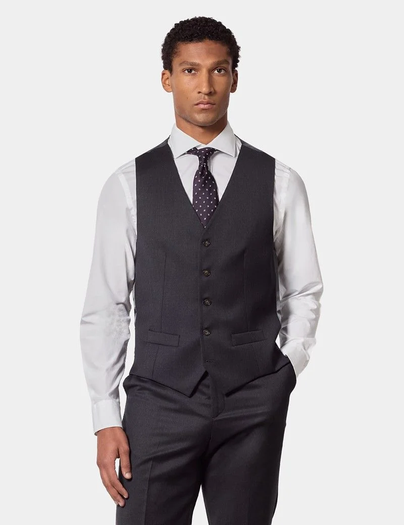 Tailored Fit Charcoal Twill Waistcoat thumbnail 2