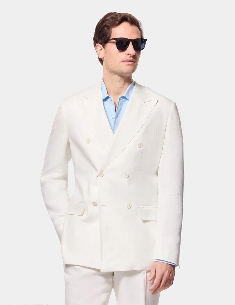 Tailored Fit Cream White Herringbone Linen Suit Jacket thumbnail 2