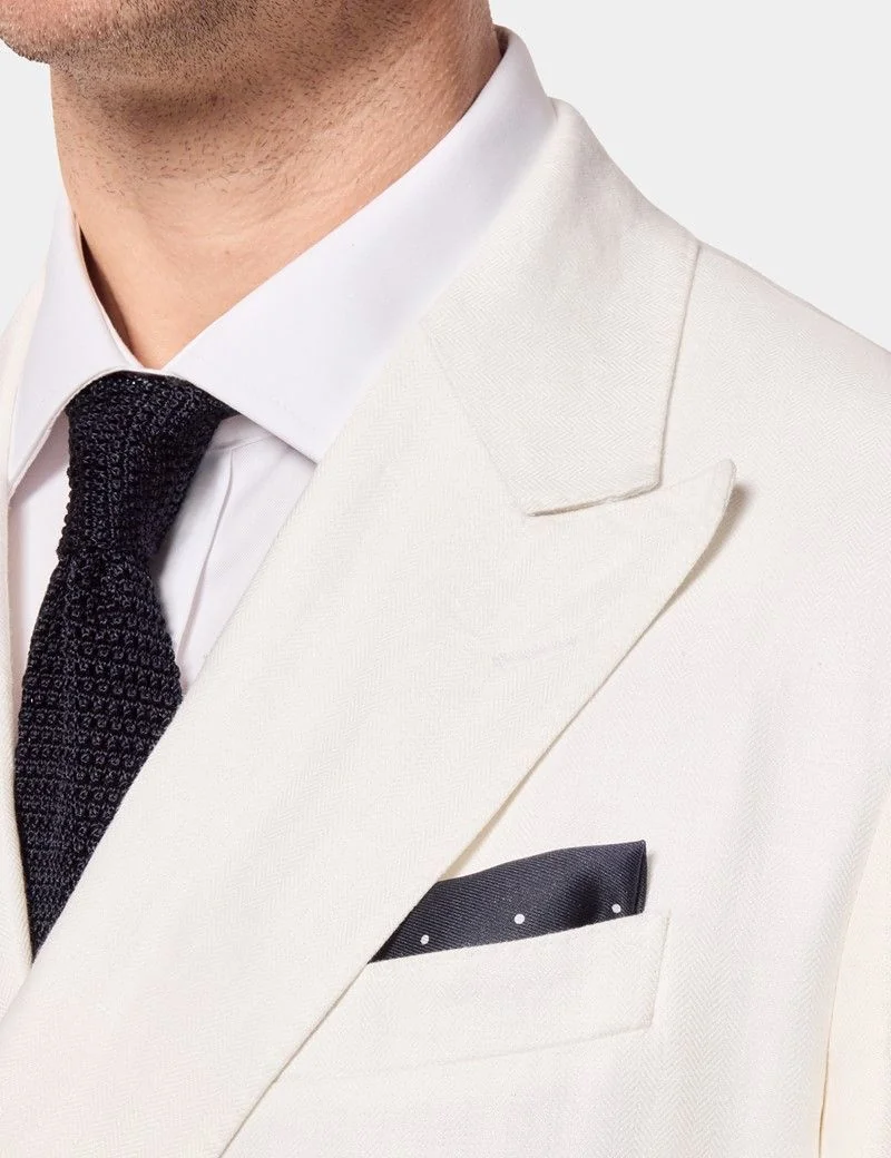 Tailored Fit Cream White Herringbone Linen Suit Jacket thumbnail 3