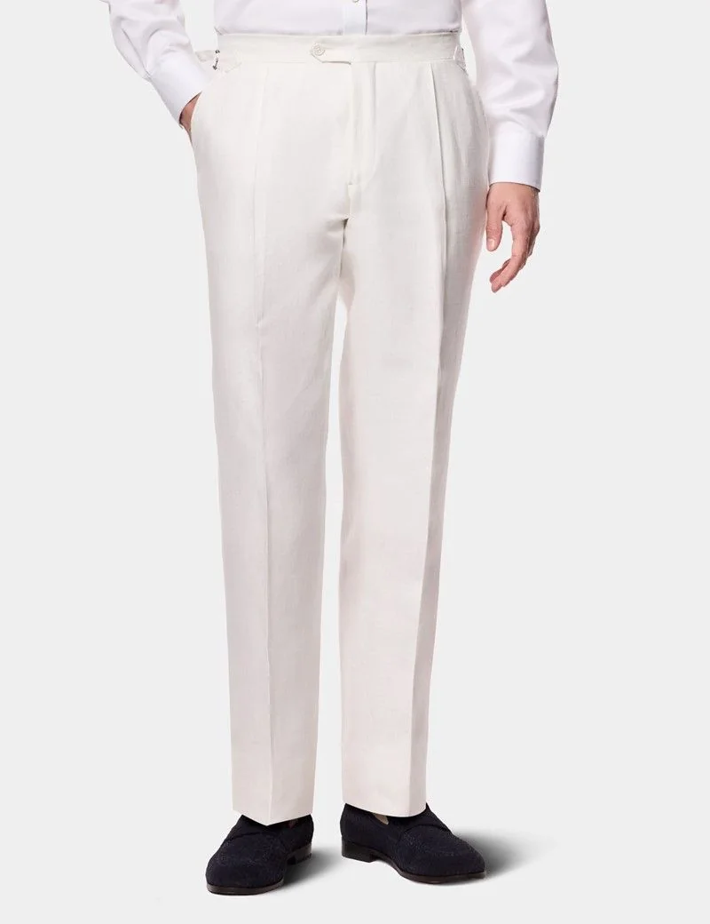 Tailored Fit Cream White Herringbone Linen Suit Trousers thumbnail 2