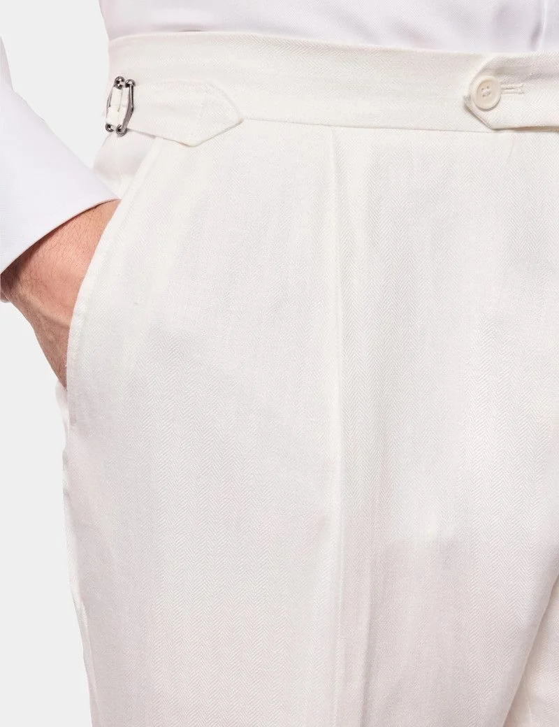 Tailored Fit Cream White Herringbone Linen Suit thumbnail 5