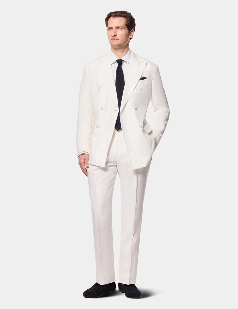 Tailored Fit Cream White Herringbone Linen Suit thumbnail 7