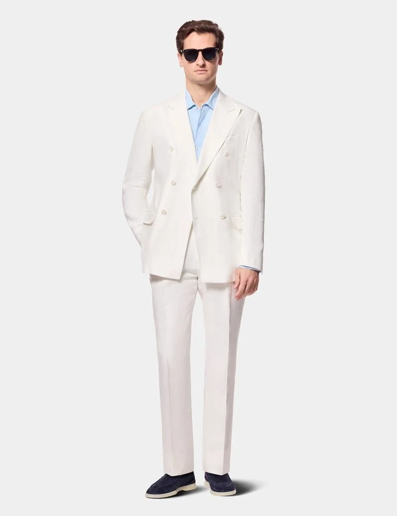 Tailored Fit Cream White Herringbone Linen Suit thumbnail 9
