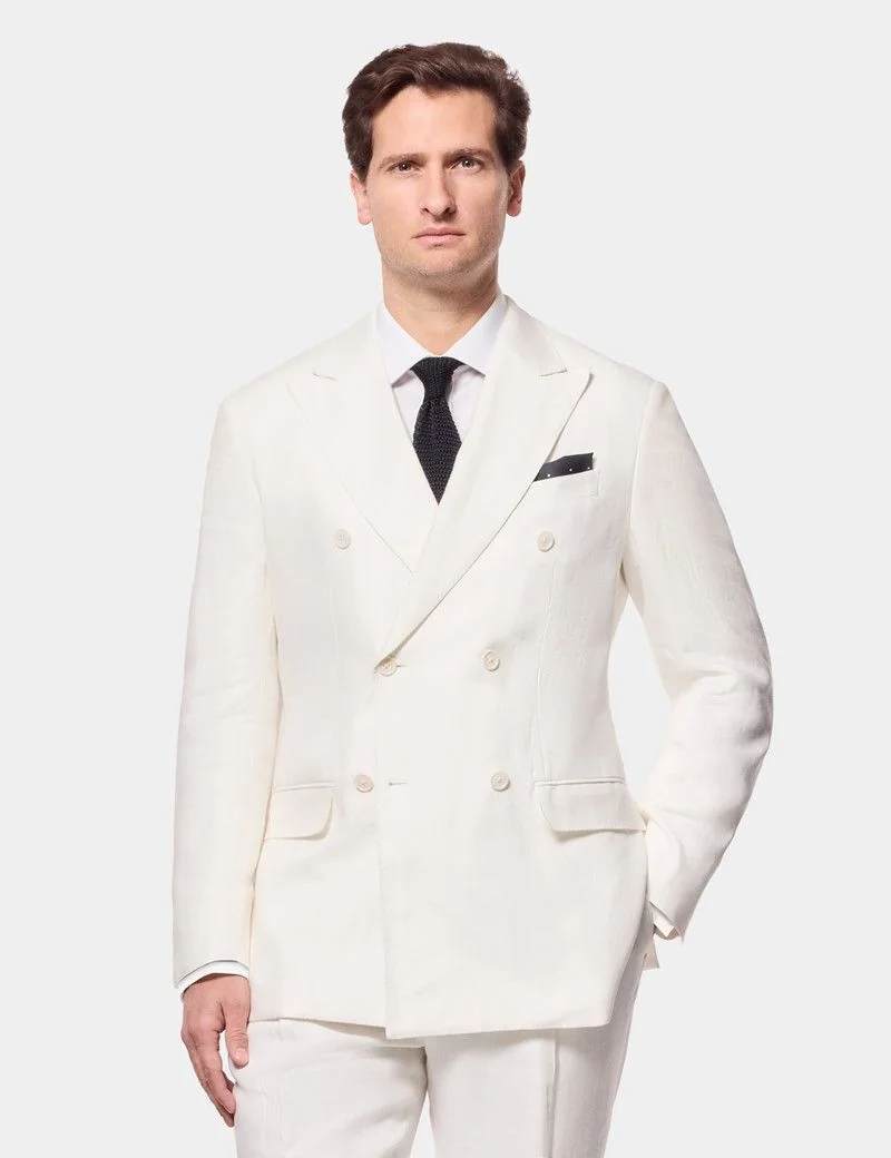 Tailored Fit Cream White Herringbone Linen Suit thumbnail 10