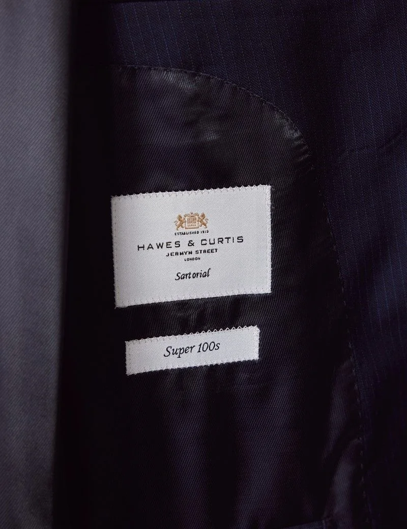 Tailored Fit Dark Blue Pinstripe Suit Jacket thumbnail 2