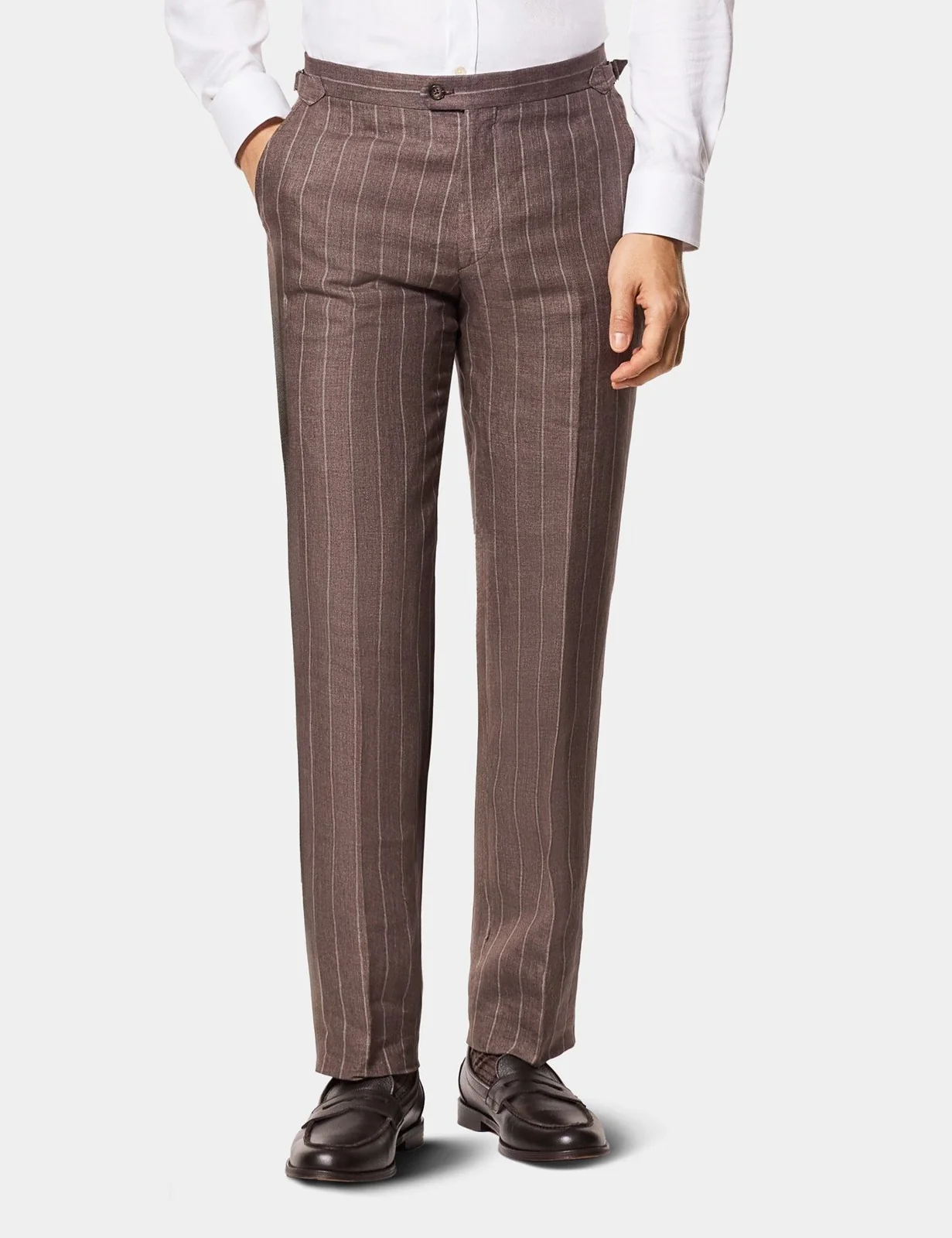 Tailored Fit Dark Brown Stripe 1913 Linen Suit Trousers With Side Adjusters