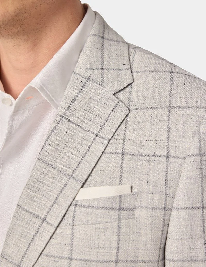 Tailored Fit Grey Windowpane Check Linen-Wool Blend 1913 Blazer thumbnail 3