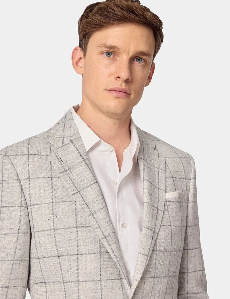 Tailored Fit Grey Windowpane Check Linen-Wool Blend 1913 Blazer thumbnail 4