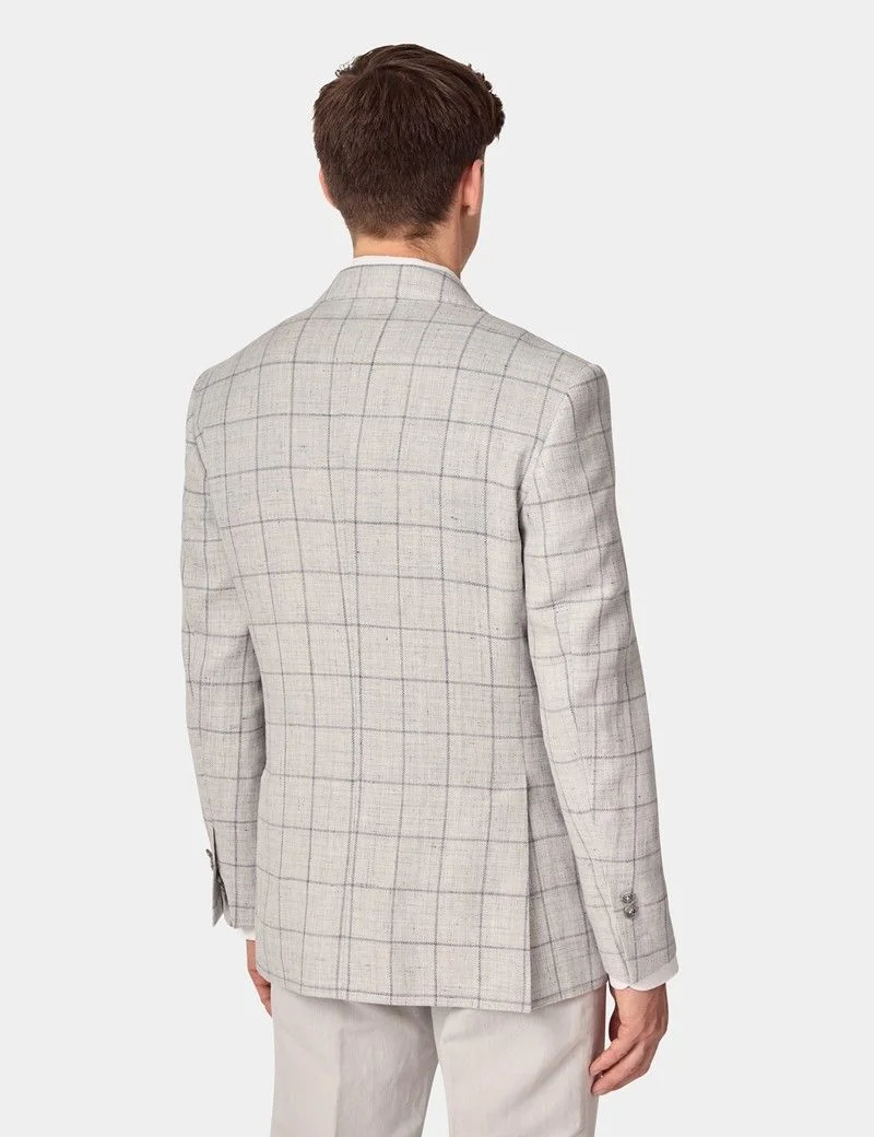 Tailored Fit Grey Windowpane Check Linen-Wool Blend 1913 Blazer thumbnail 7