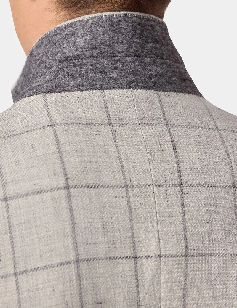 Tailored Fit Grey Windowpane Check Linen-Wool Blend 1913 Blazer thumbnail 8
