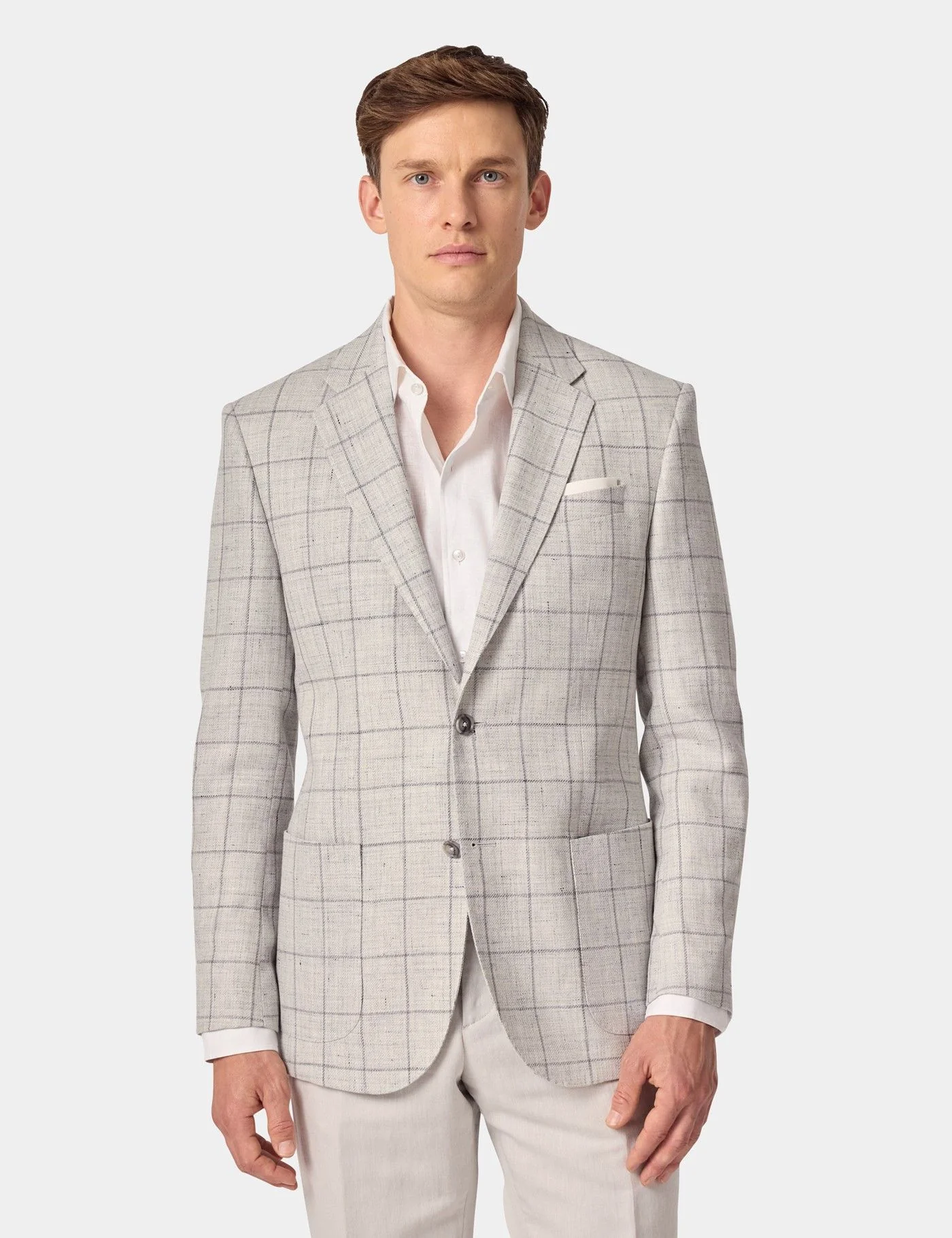 Tailored Fit Grey Windowpane Check Linen-Wool Blend 1913 Blazer primary image