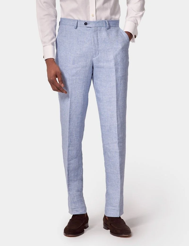 Tailored Fit Light Blue Herringbone 1913 Linen Trousers thumbnail 2